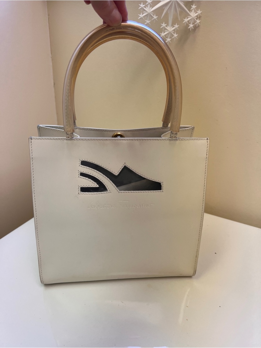 Salvatore Ferragamo Cream Top-Handle Satchel with Wood-Tone Handles